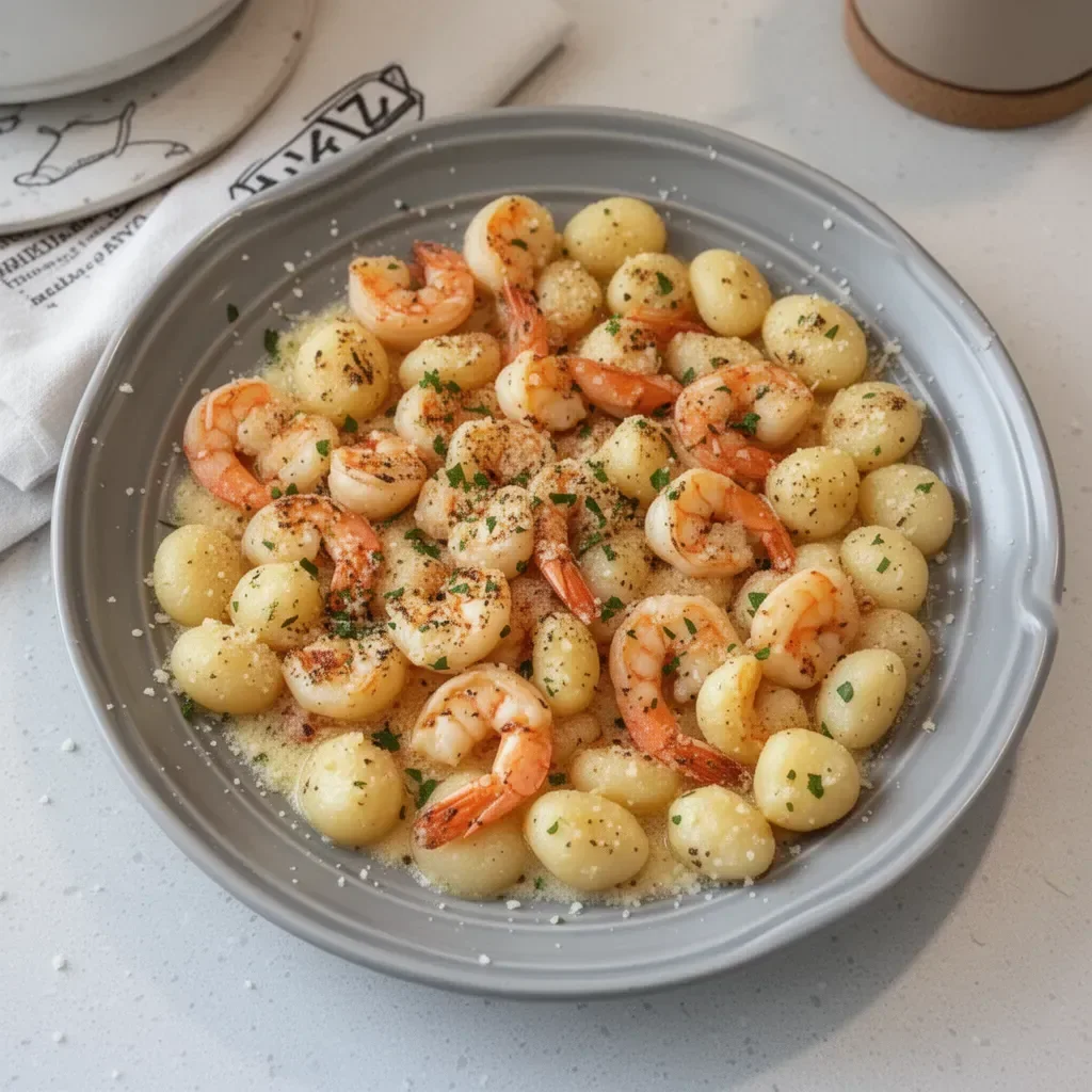 Shrimp and Gnocchi with Garlic Parmesan dish garnished with herbs
