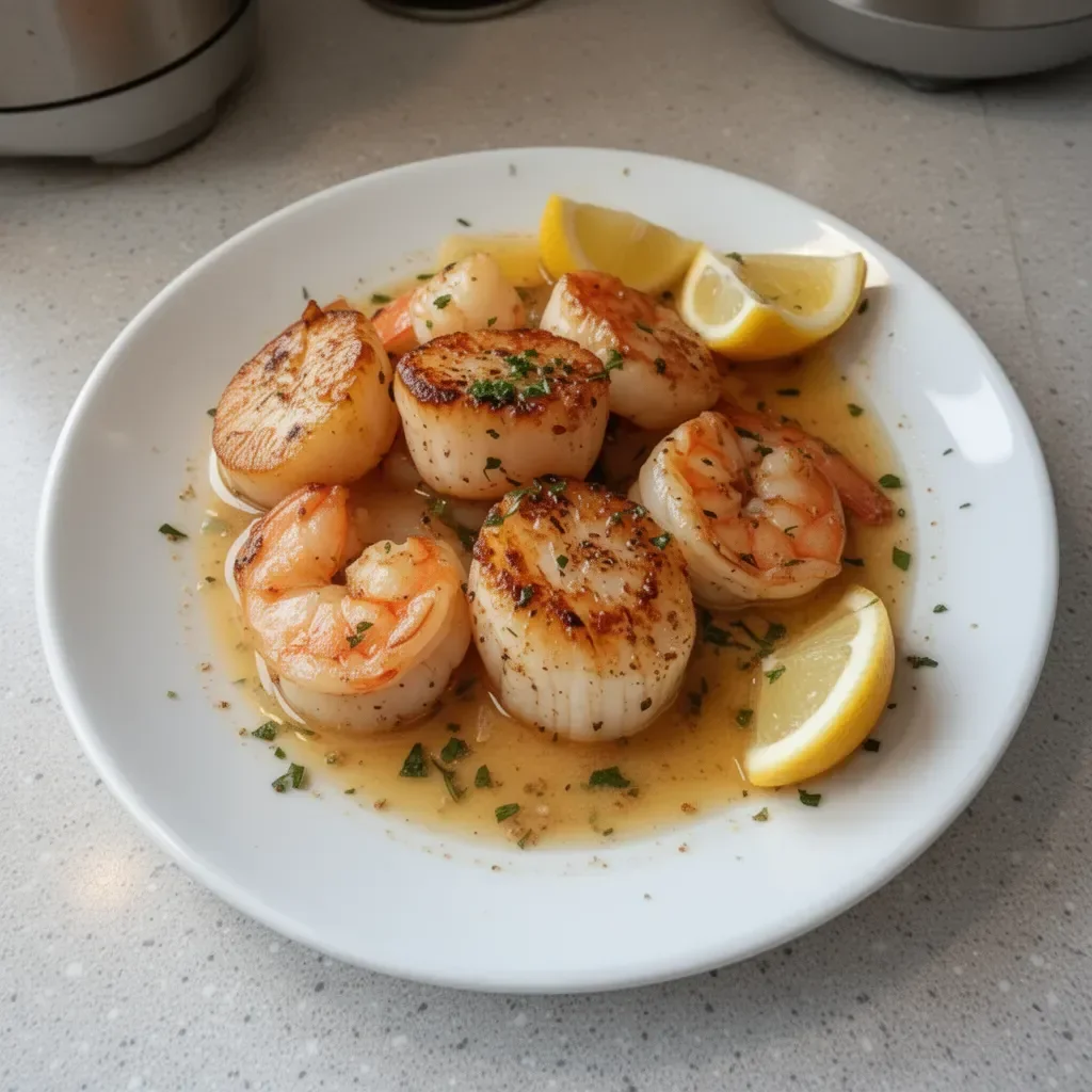 Delicious shrimp and scallops dish served with fresh herbs and lemon.