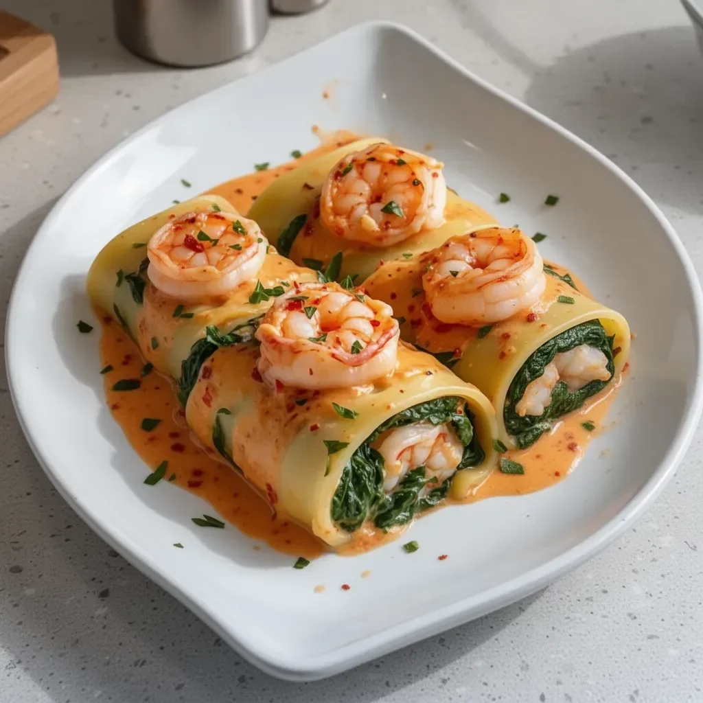 Shrimp and spinach stuffed pasta rolls on a plate garnished with herbs