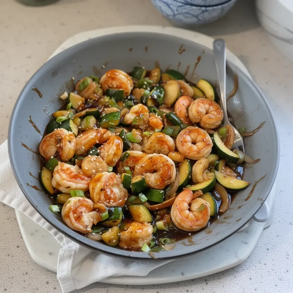 Shrimp and Zucchini Stir Fry with Homemade Teriyaki Sauce on a plate