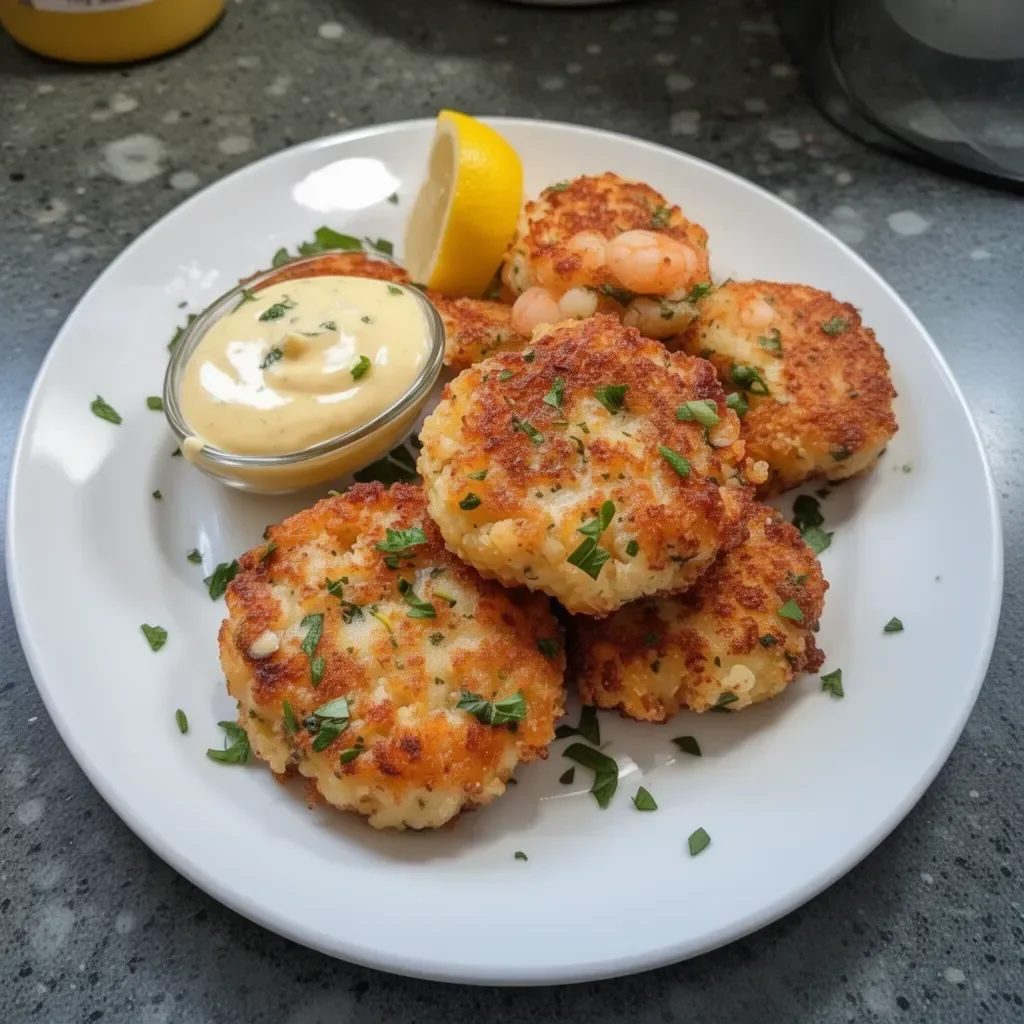 Shrimp cakes served with lemon aioli on a plate