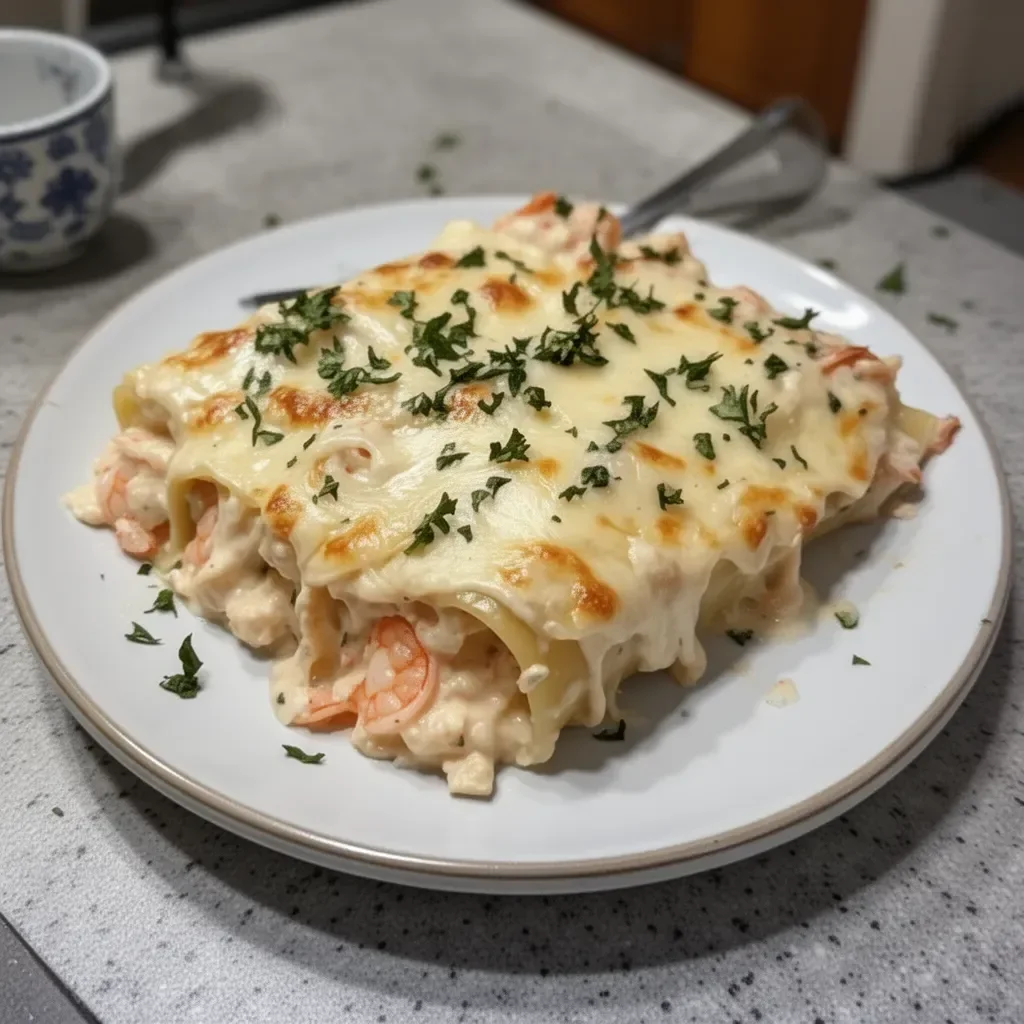 Shrimp Crab Alfredo Lasagna Roll-Ups topped with creamy seafood sauce
