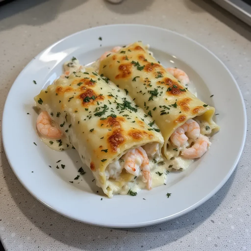 Delicious shrimp crab alfredo lasagna roll-ups served in a creamy sauce.