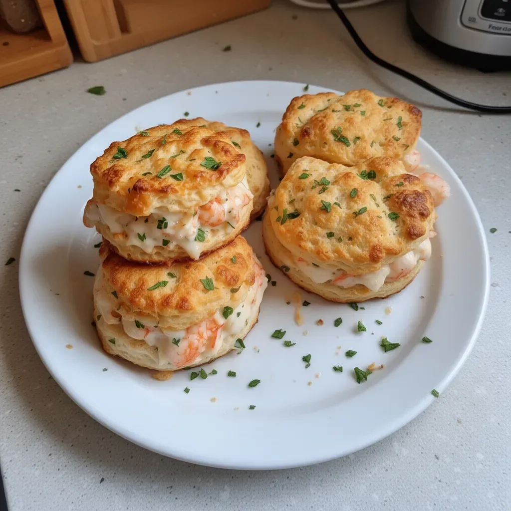 Shrimp crab biscuit melts with melted cheese and herbs on a plate.