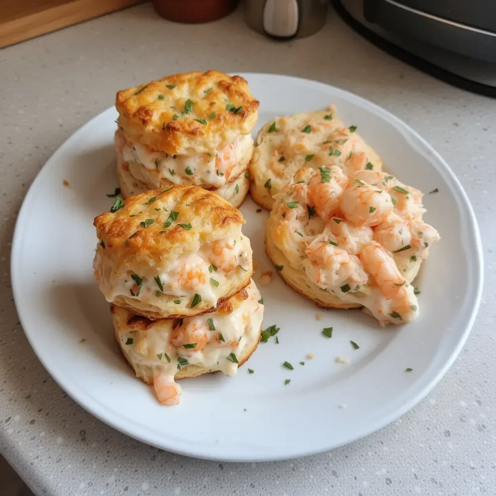 Shrimp Crab Biscuit Melts served on a plate, garnished with herbs