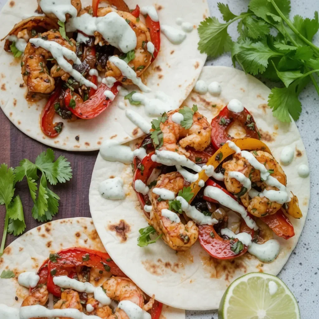 Delicious shrimp fajitas served with bell peppers and tortillas.