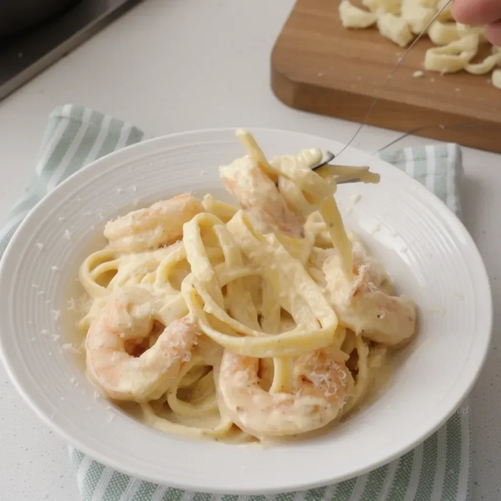 Delicious Shrimp Fettuccine Alfredo served with a creamy sauce and fresh herbs