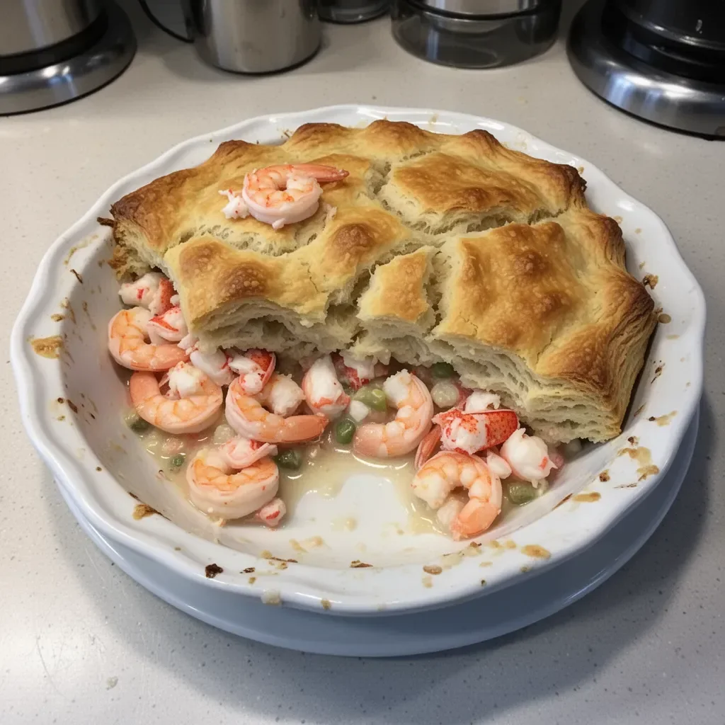 Delicious Shrimp Lobster Pot Pie served with flaky biscuits and creamy sauce.