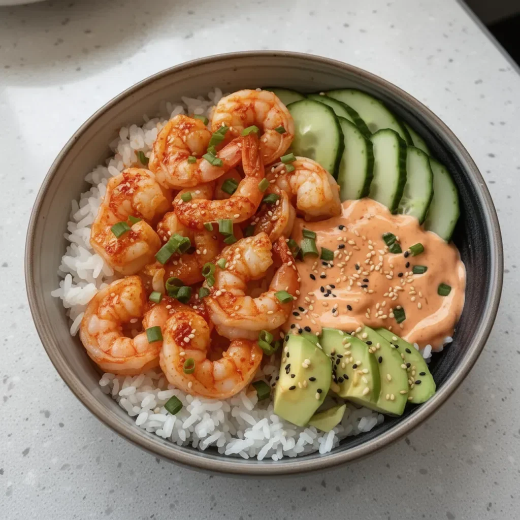 Shrimp rice bowls topped with spicy mayo and fresh vegetables for a flavorful meal.