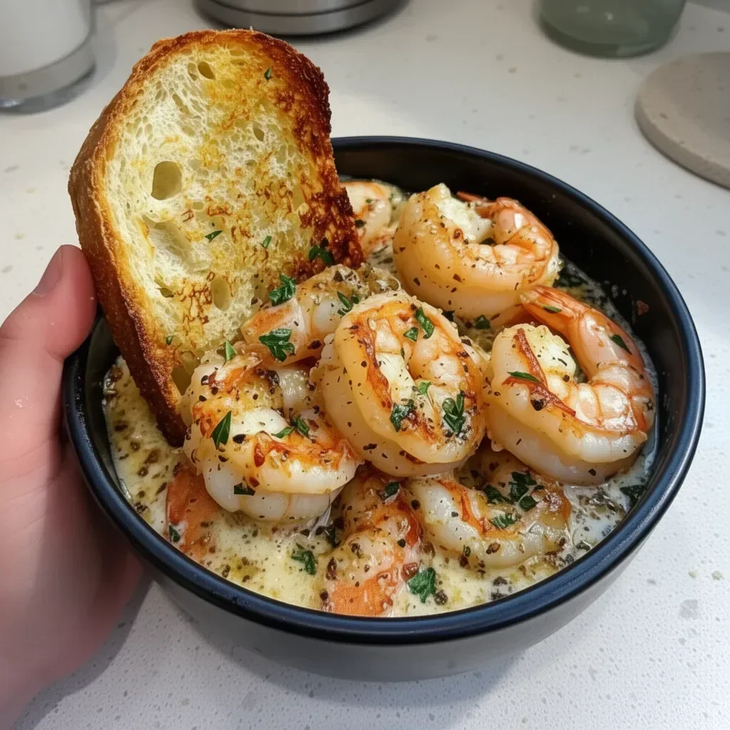 Shrimp scampi bowl with garlic bread on a wooden table