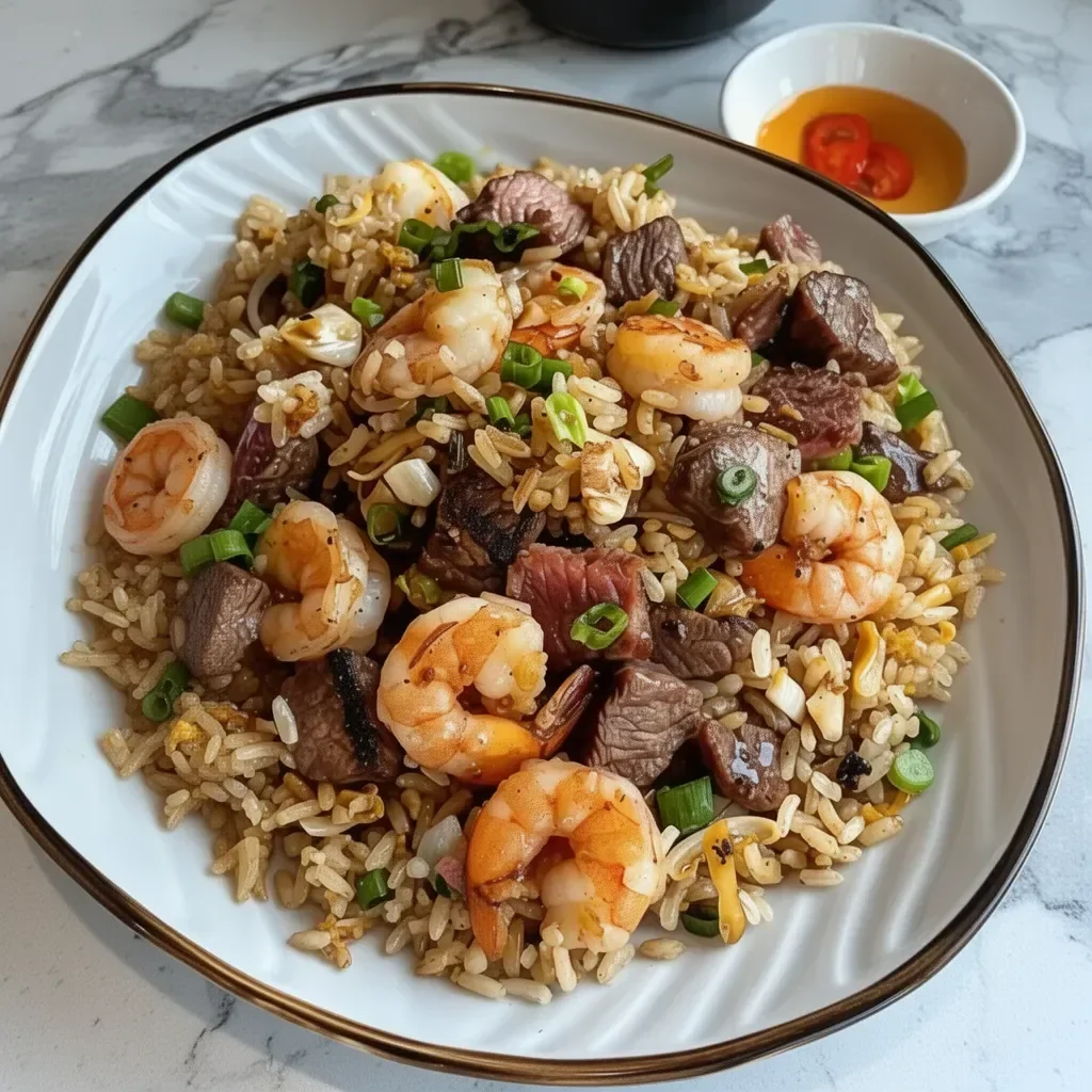 Delicious shrimp steak fried rice served in a colorful bowl with vegetables