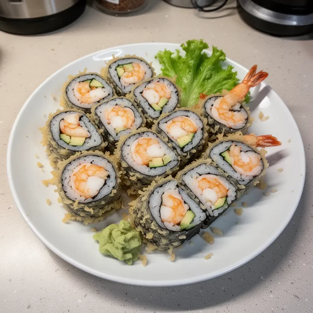 Homemade Shrimp Tempura Roll with crispy shrimp and vegetables.