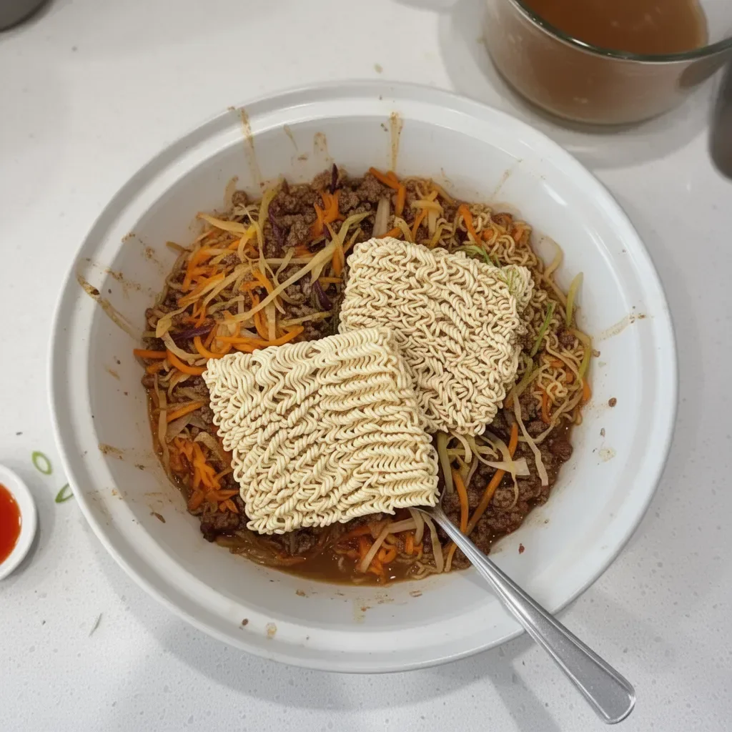 Delicious slow cooker ramen noodles served in a bowl with toppings.