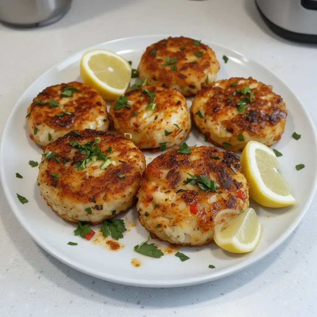 Delicious spicy Cajun crab cakes served with a zesty sauce.