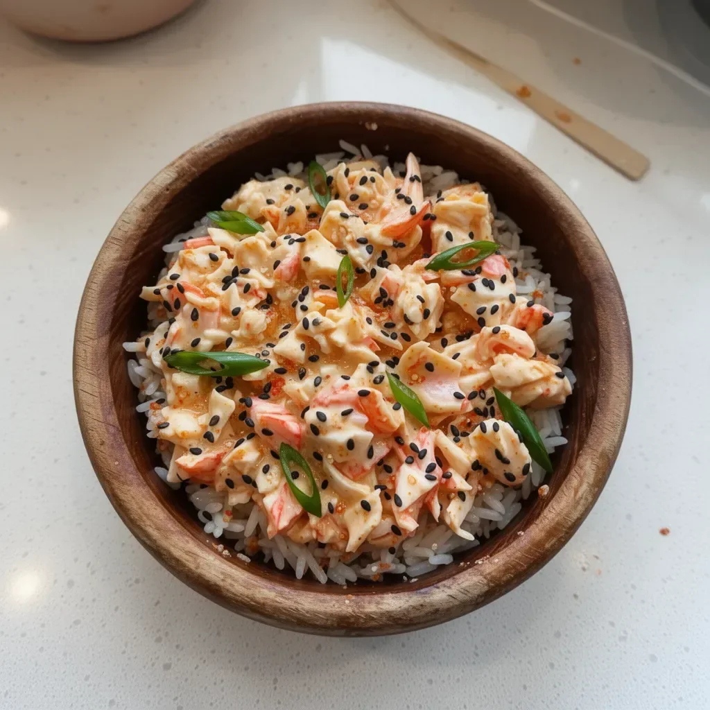 Delicious spicy crab sushi bowls topped with fresh ingredients and sushi rice