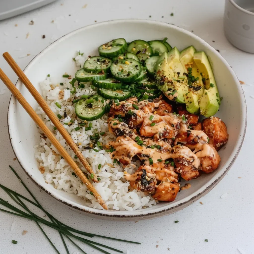 Delicious spicy salmon bowl served with coconut rice and colorful vegetables
