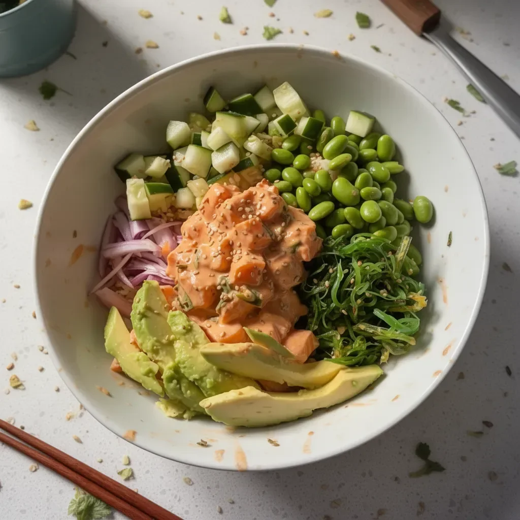 Delicious Spicy Salmon Poke Bowl with fresh ingredients