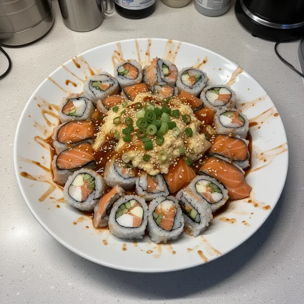 Spicy Salmon Sushi Bake served in a baking dish with toppings and bowls