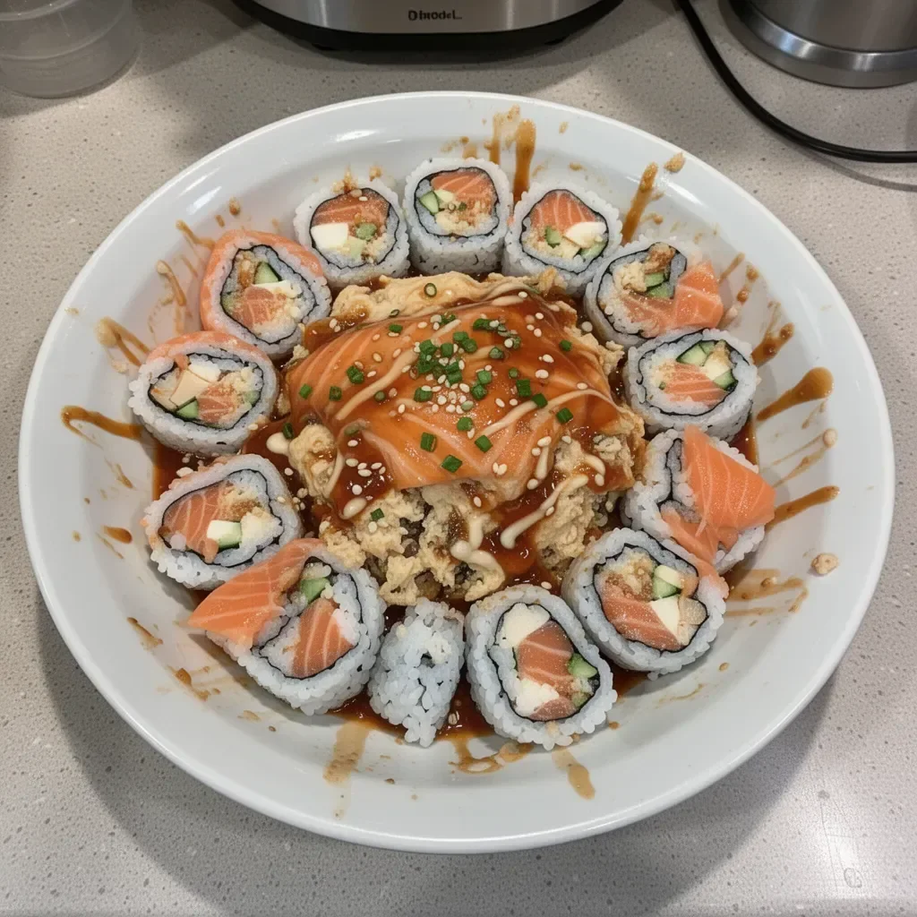 Spicy Salmon Sushi Bake dish with garnishes on a plate