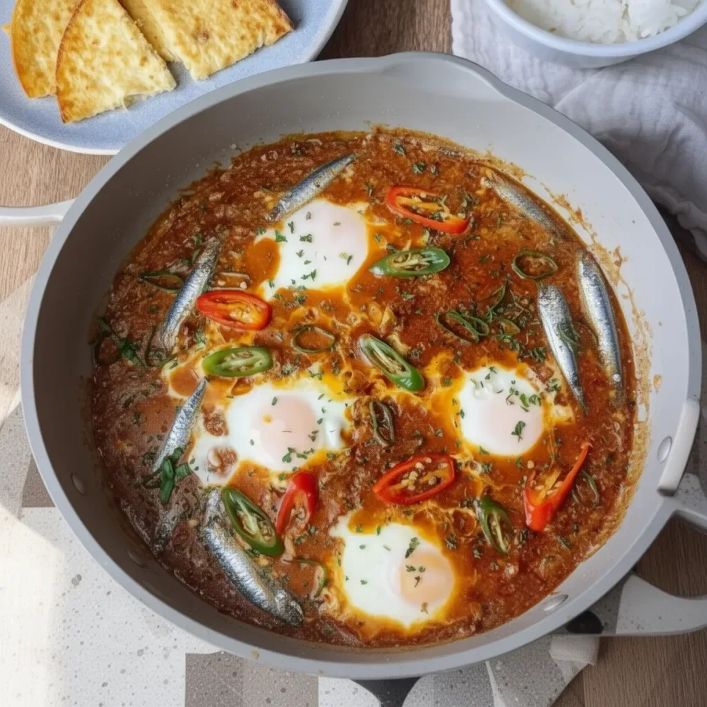 Plate of Spicy Sardine with Eggs served with vegetables and spices