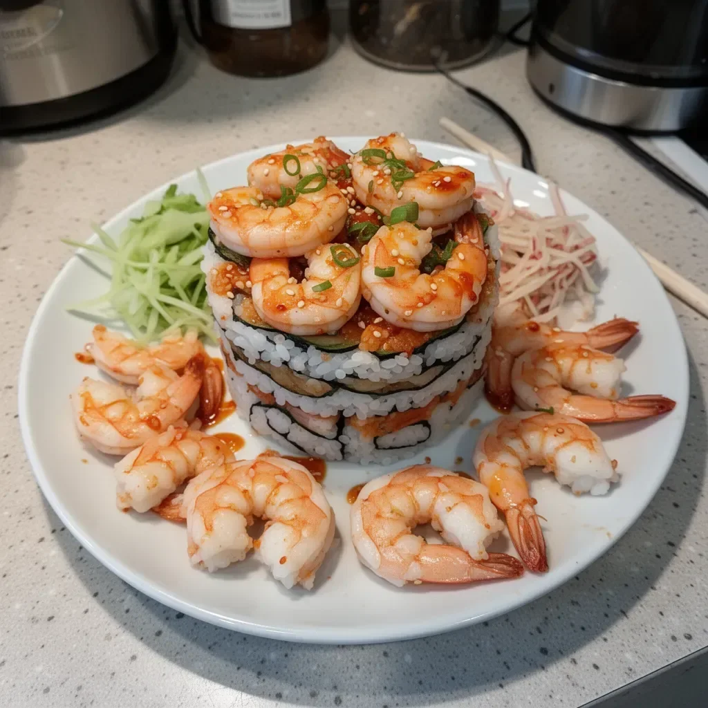 Spicy shrimp sushi stacks beautifully arranged on a plate