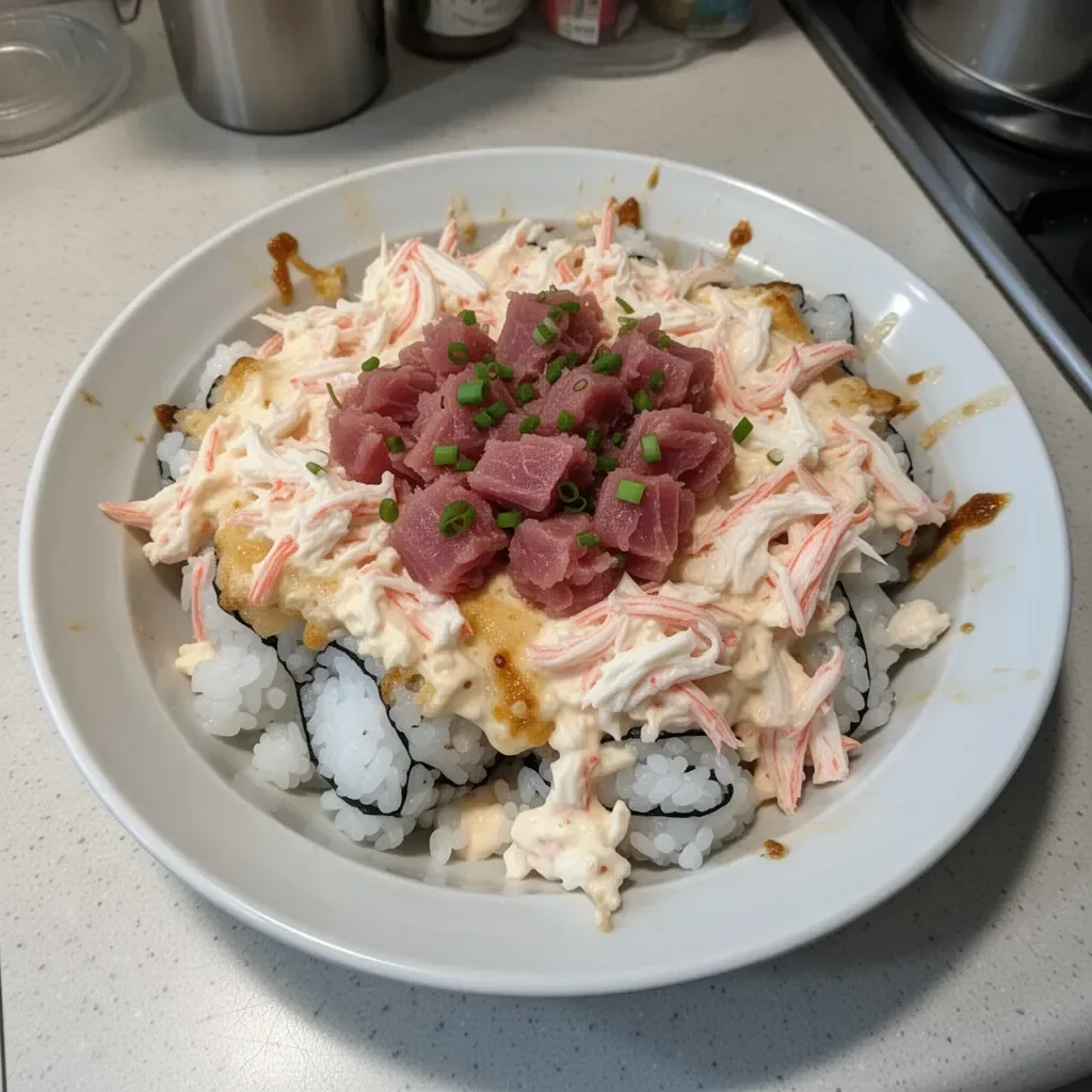 Delicious Spicy Tuna and Creamy Crab Sushi Bake with colorful toppings.