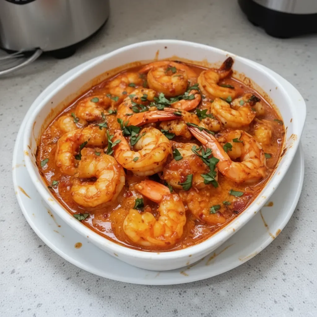 Plate of spicy voodoo shrimp with a vibrant sauce and garnishes