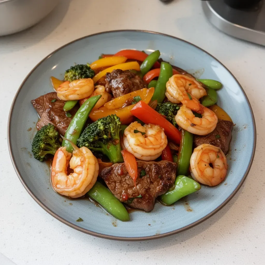 Steak and shrimp stir fry with colorful vegetables in a skillet