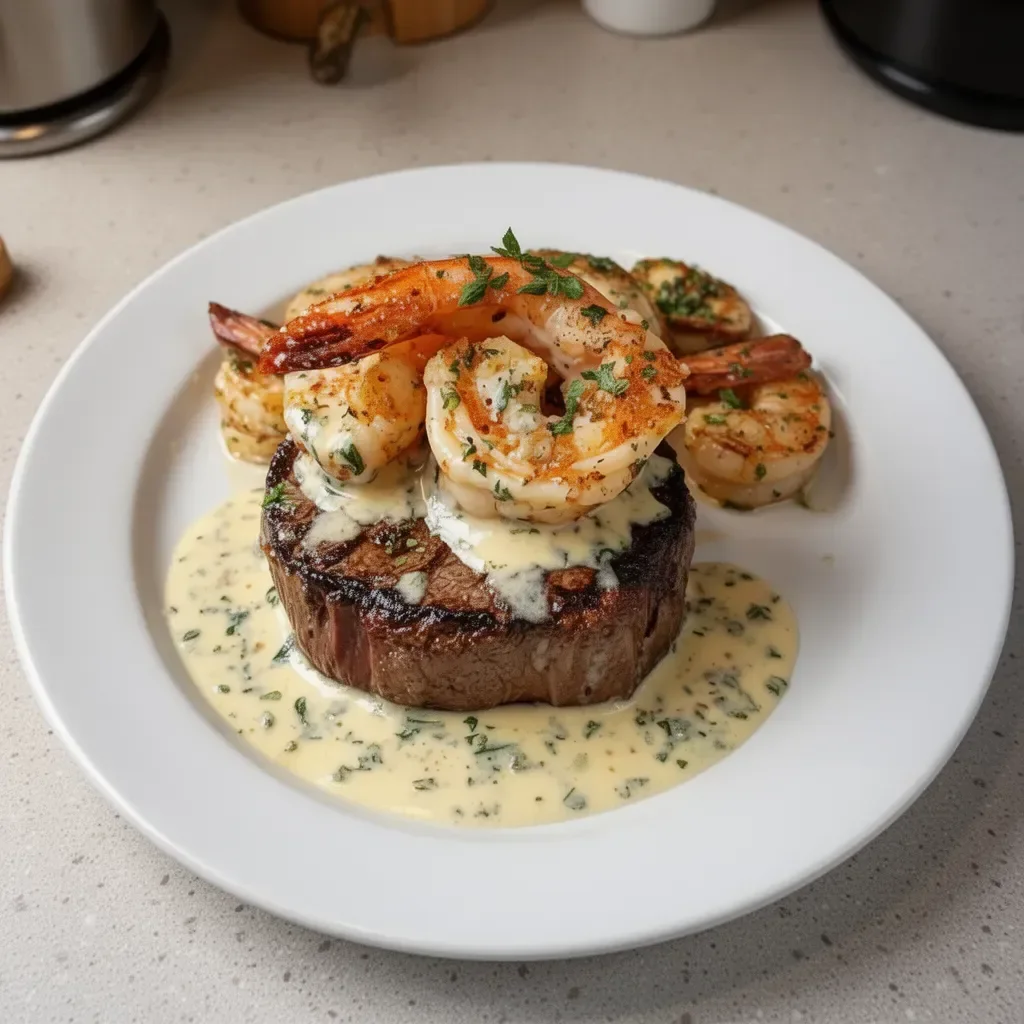 Delicious surf and turf served with creamy garlic sauce