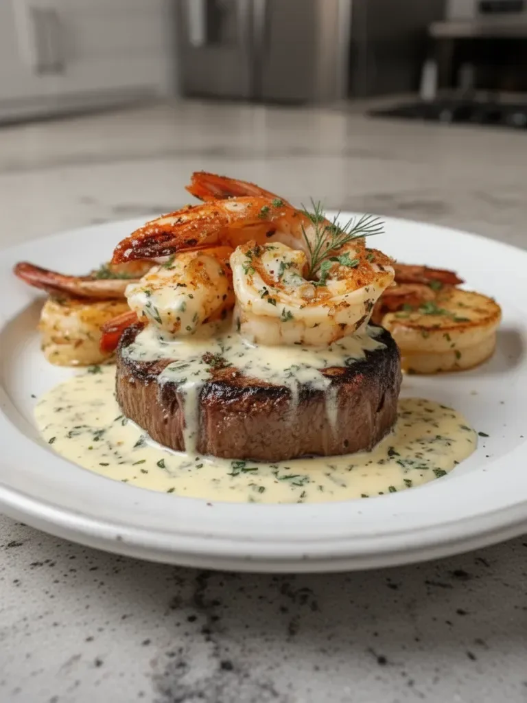Surf and Turf with Creamy Garlic Sauce