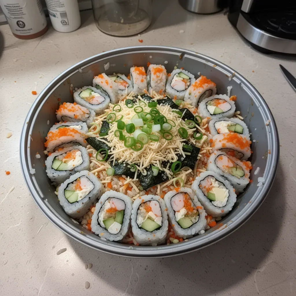 Deliciously baked sushi casserole topped with fresh seafood and veggies.