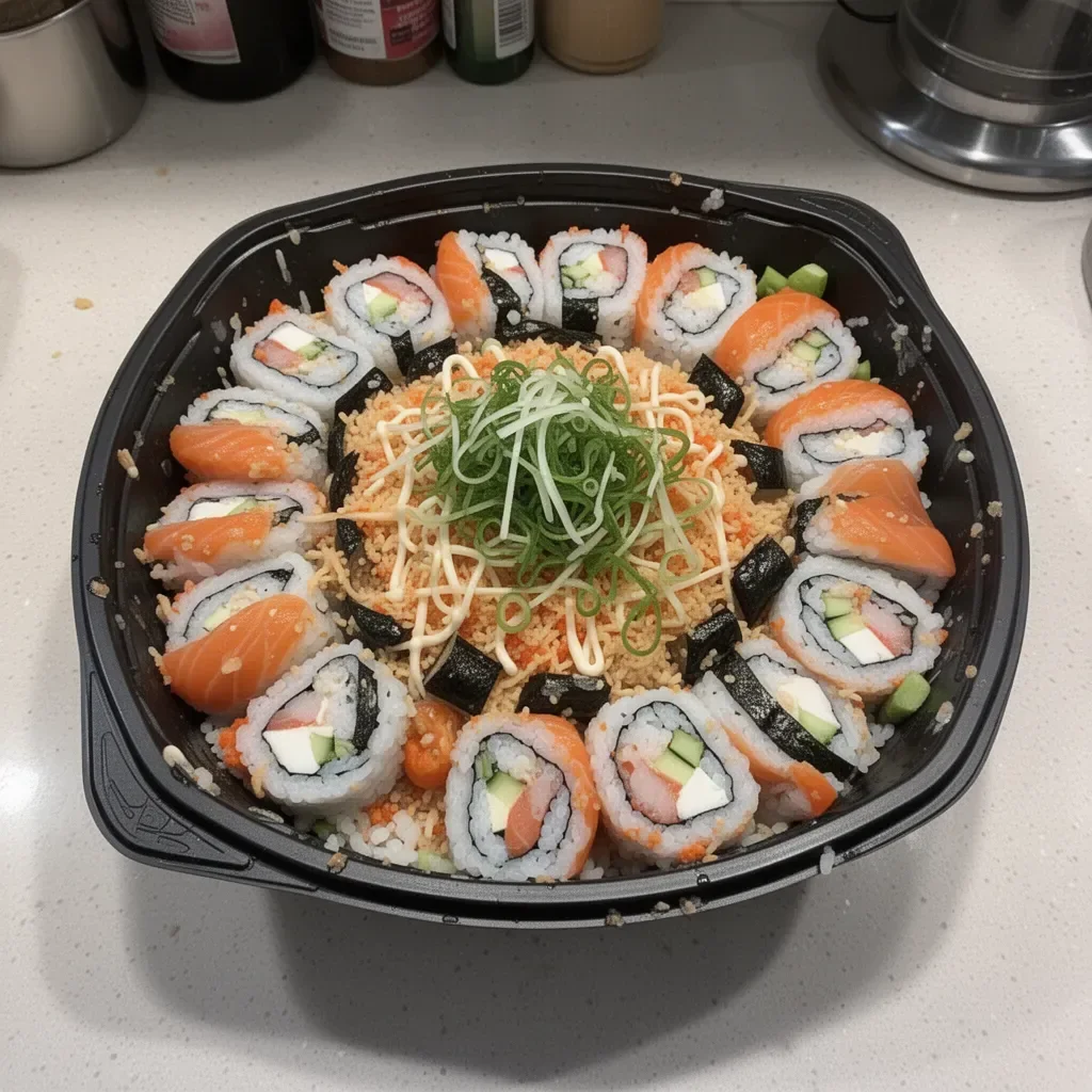 Baked sushi dish topped with seafood and cream on a plate.