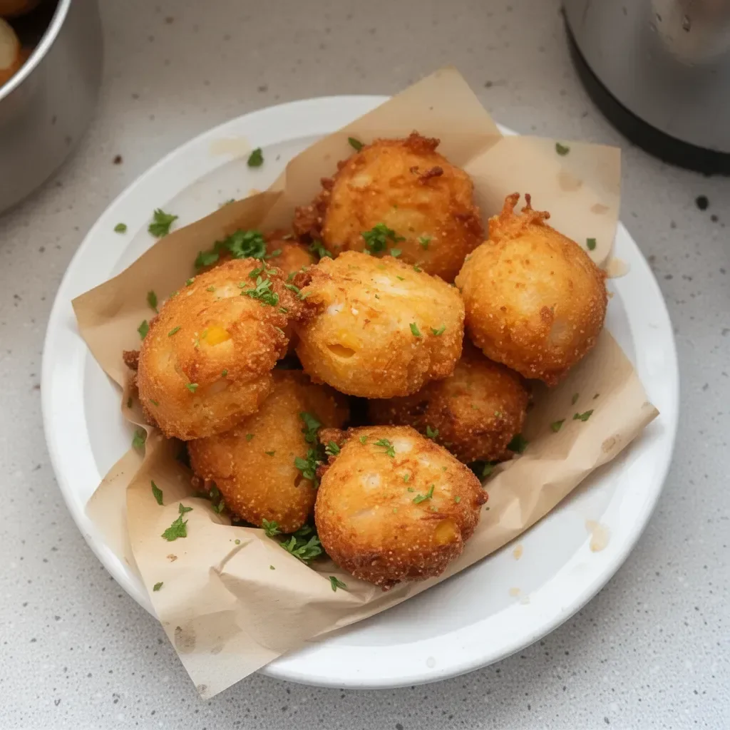 Sweet crab hush puppies served on a plate with dipping sauce