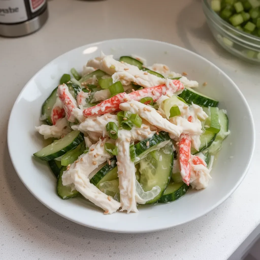 Tasty cucumber salad with crab meat, garnished with herbs in a vibrant bowl.