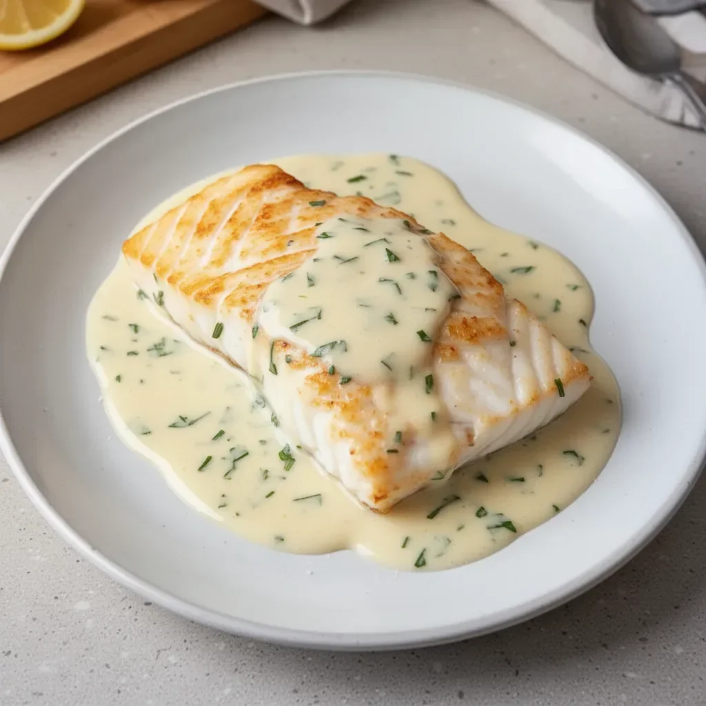 Delicious plated halibut with buerre blanc sauce garnish