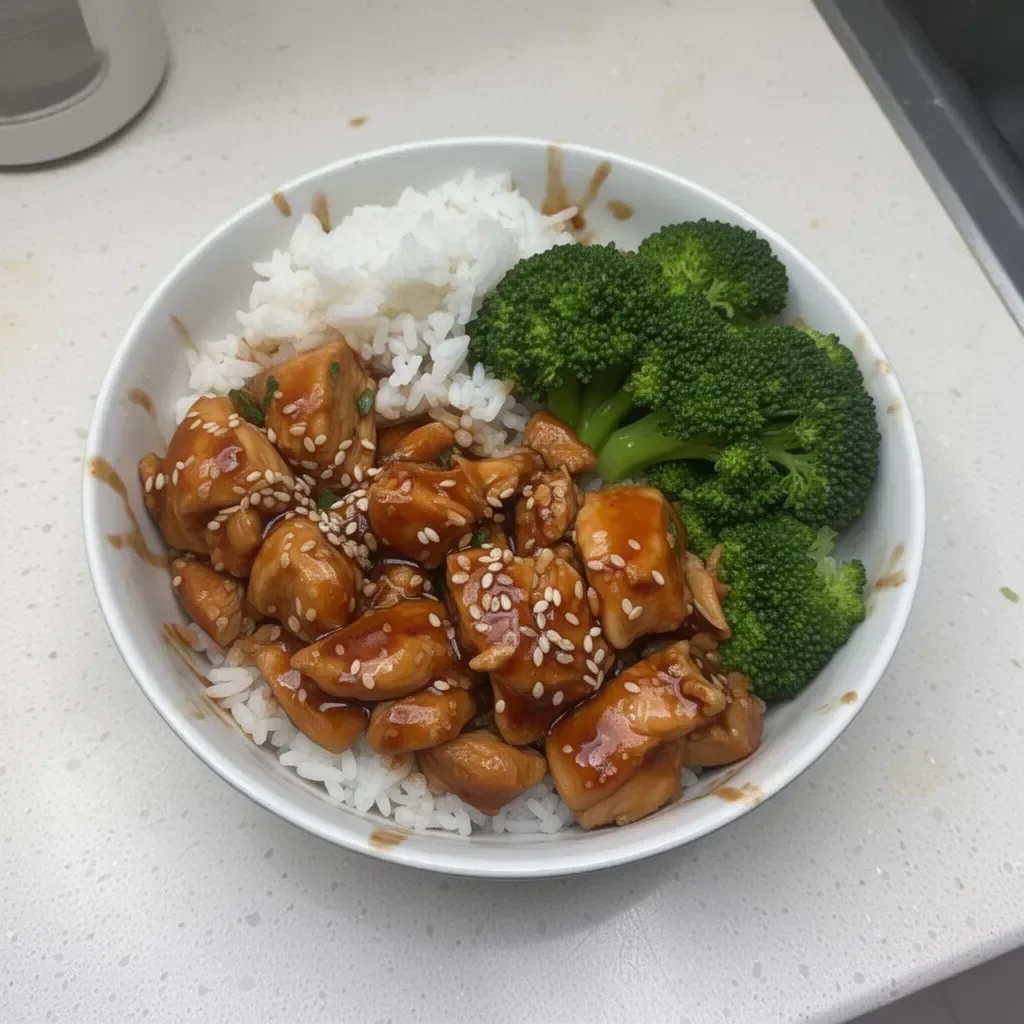 Teriyaki chicken rice bowl topped with sesame seeds and green onions