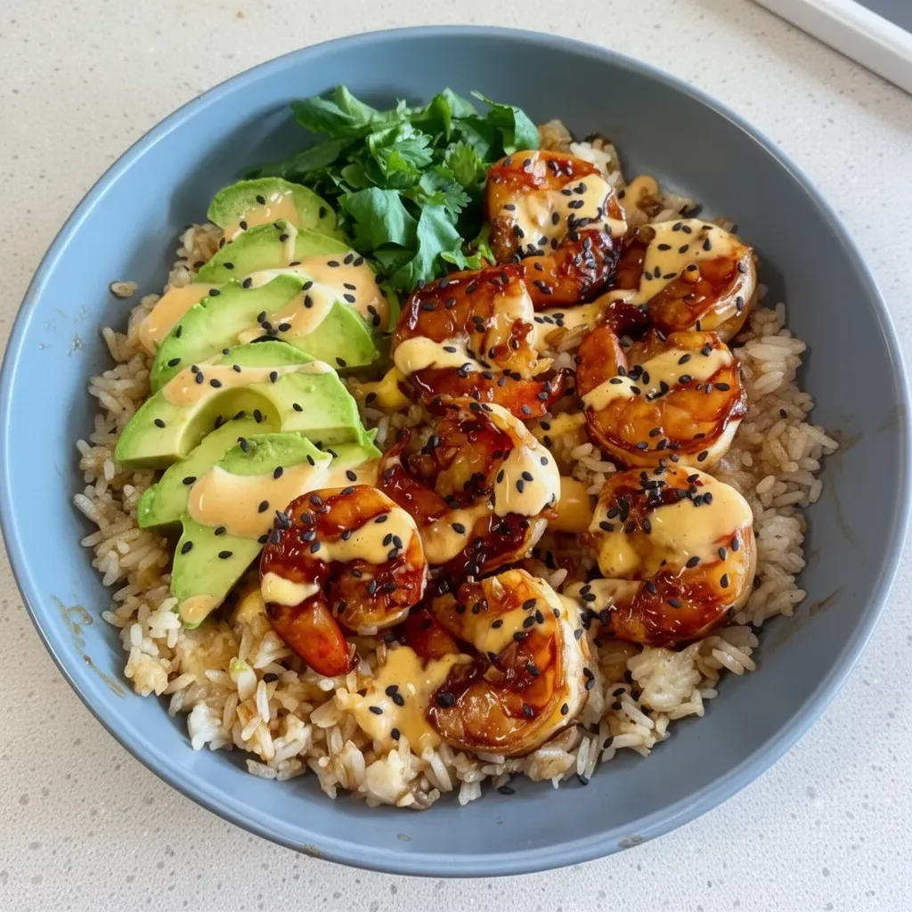 Delicious teriyaki shrimp rice bowl with vegetables and sauce