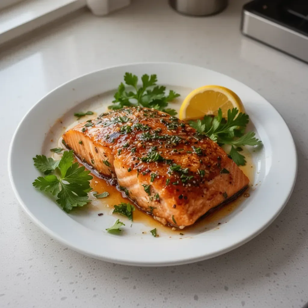 Delicious Texas Roadhouse Style Baked Salmon served on a plate