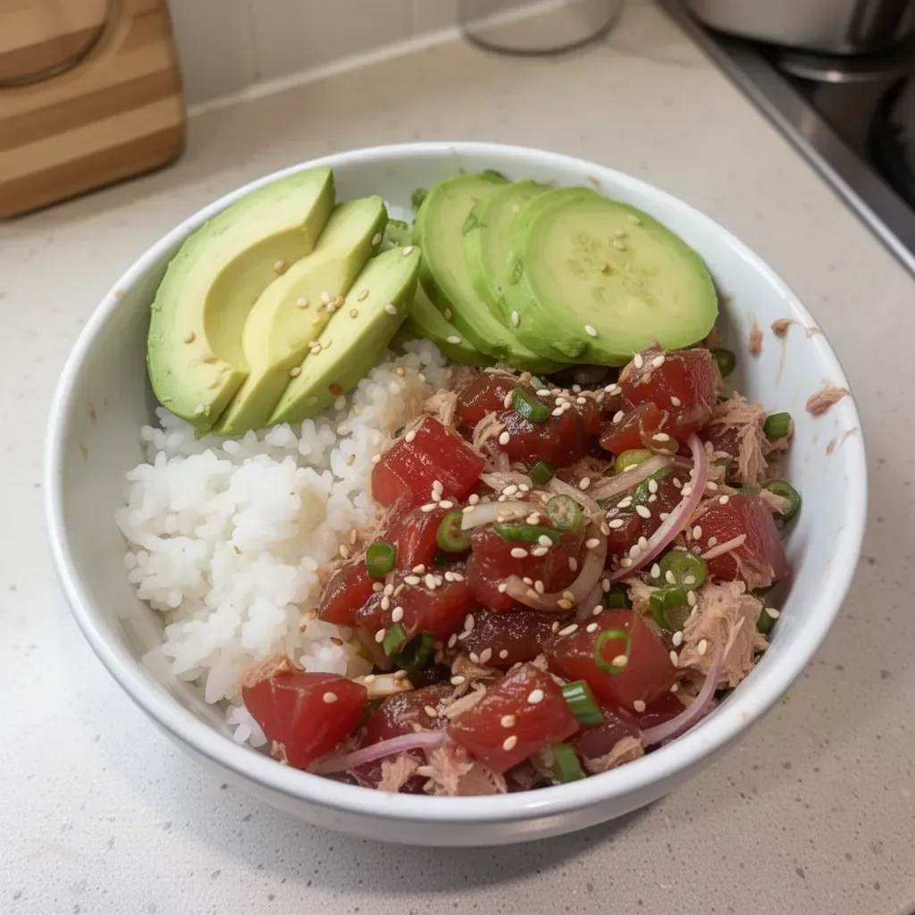 Delicious tuna poke bowl garnished with vegetables and sesame seeds