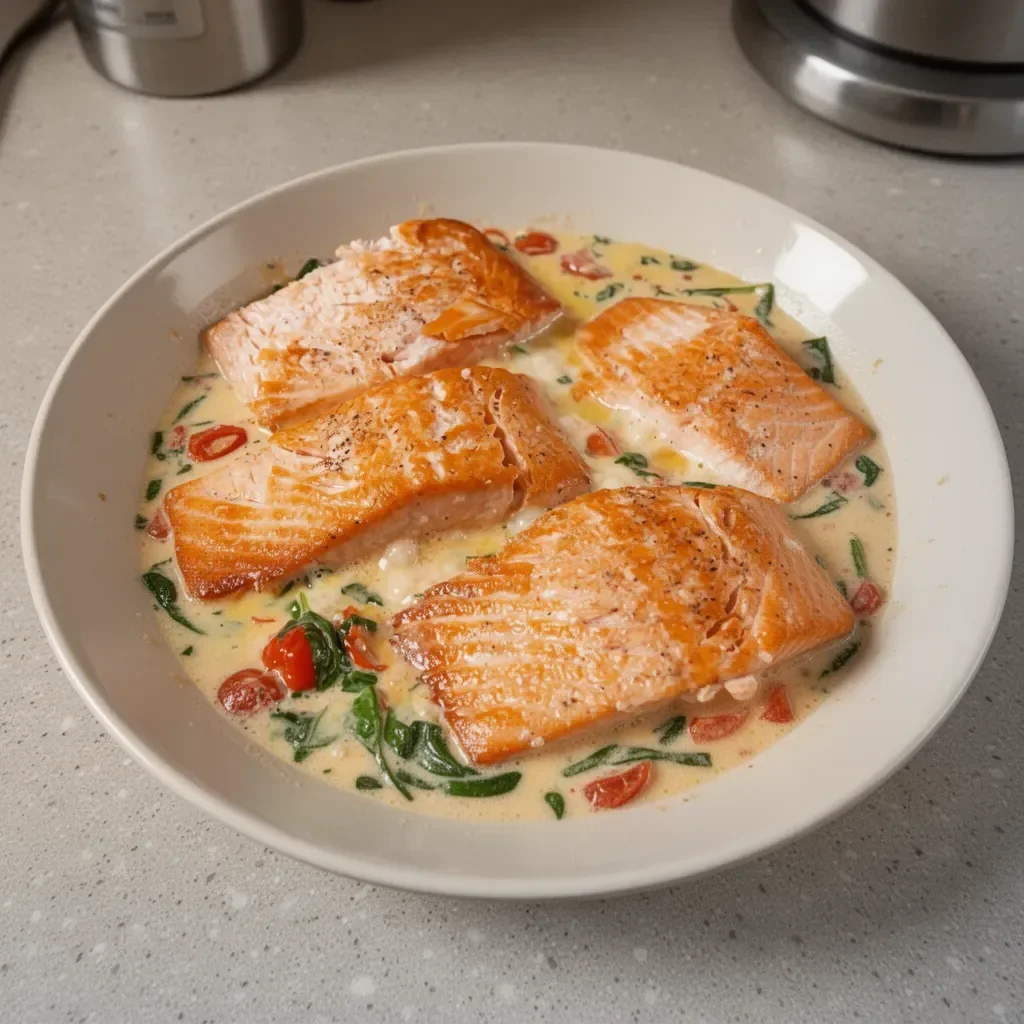 Tuscan Salmon plated with Tomato-Basil Cream Sauce garnished with herbs