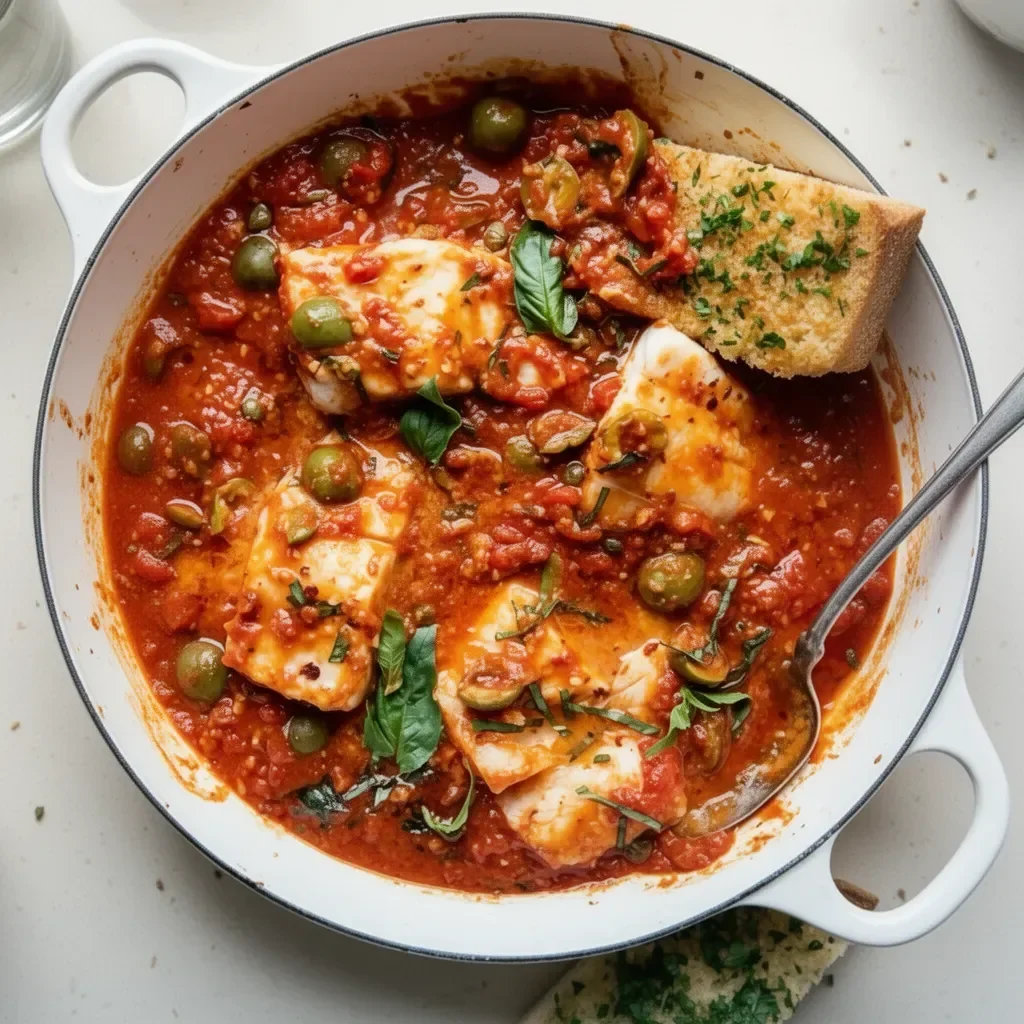 Bowl of savory fish puttanesca with rich tomato sauce and olives