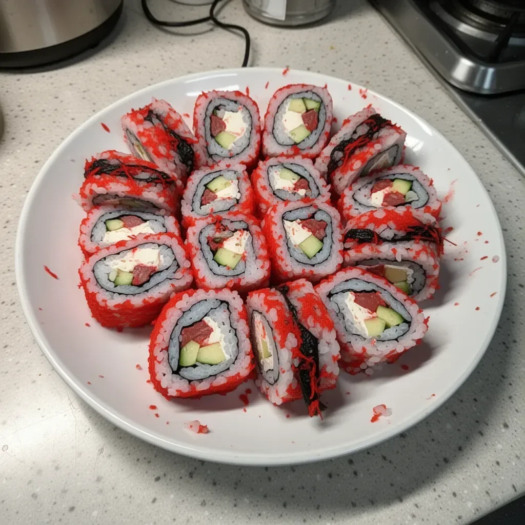 Delicious Volcano Roll sushi garnished with spicy sauce and toppings.