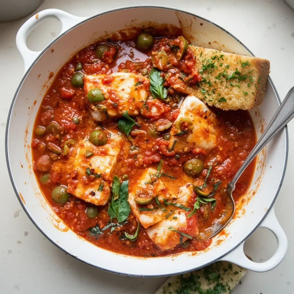 Plate of White Fish Puttanesca with tomatoes, olives, and capers