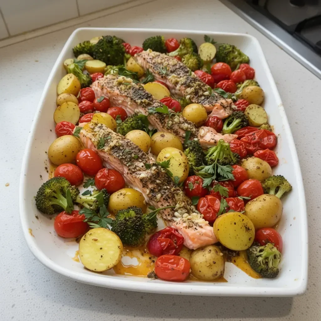 Delicious Za'atar Garlic Salmon garnished with herbs