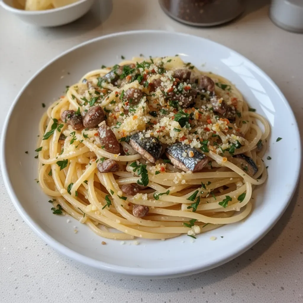 A delicious bowl of zesty garlic sardine pasta garnished with fresh herbs.