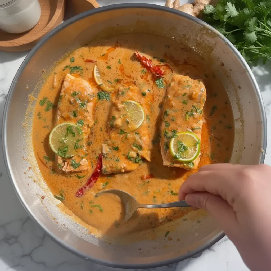 30 Minute Coconut Thai Salmon Curry served in a bowl with fresh herbs