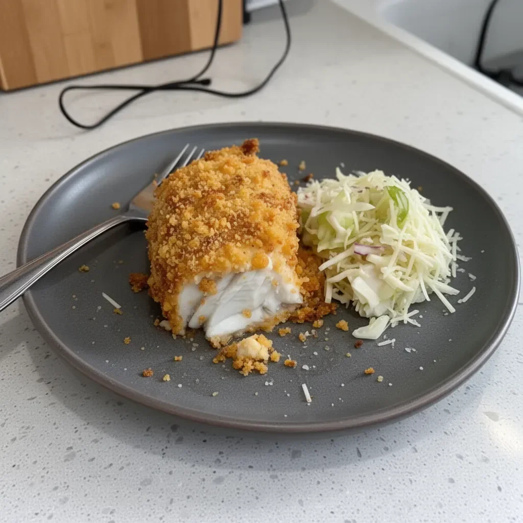Air Fryer Parmesan-Crusted Halibut served with lemon and herbs on a plate