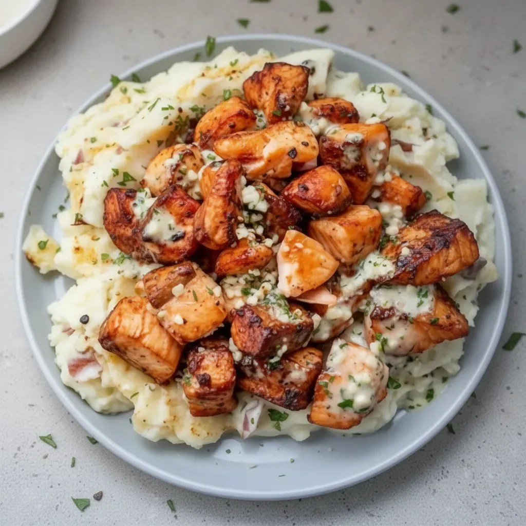 Crispy air fryer salmon bites served with garlic cream sauce on a plate