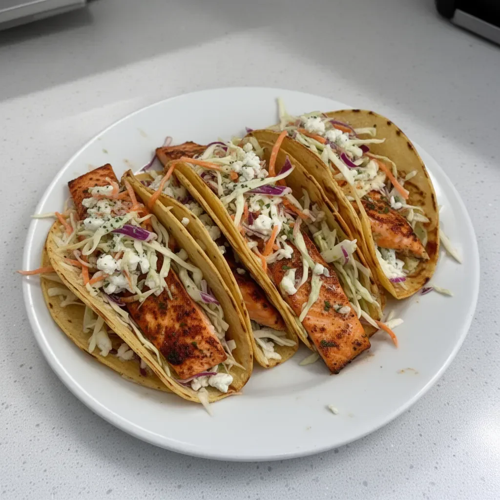 Delicious air fryer salmon tacos topped with crisp slaw on a plate.