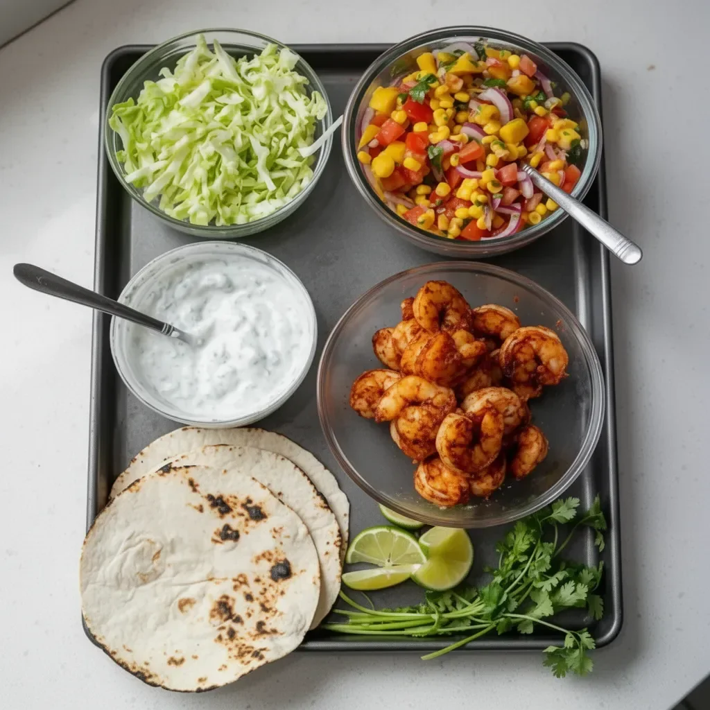Air Fryer Shrimp Tacos served with fresh toppings on a plate